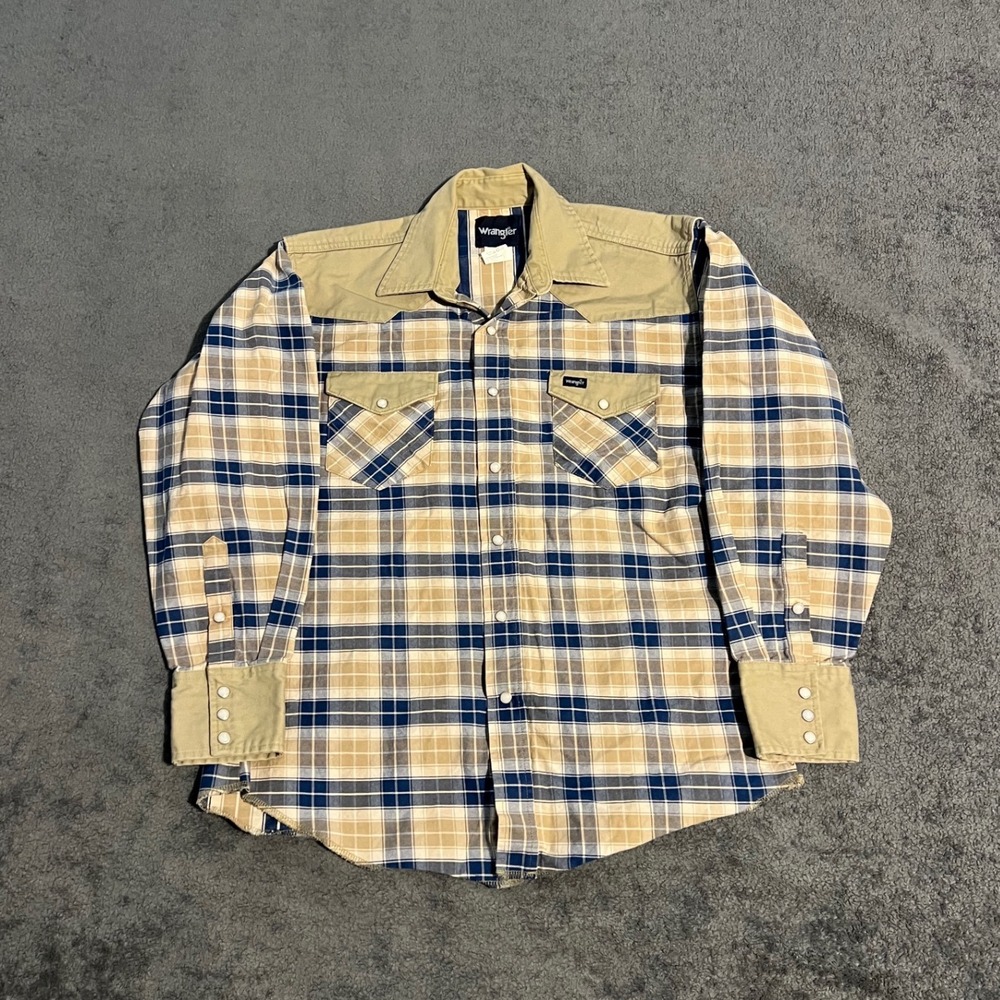 Vintage Wrangler Mens Plaid Western Snap Shirt Size Medium Cowboy Blue Beige
